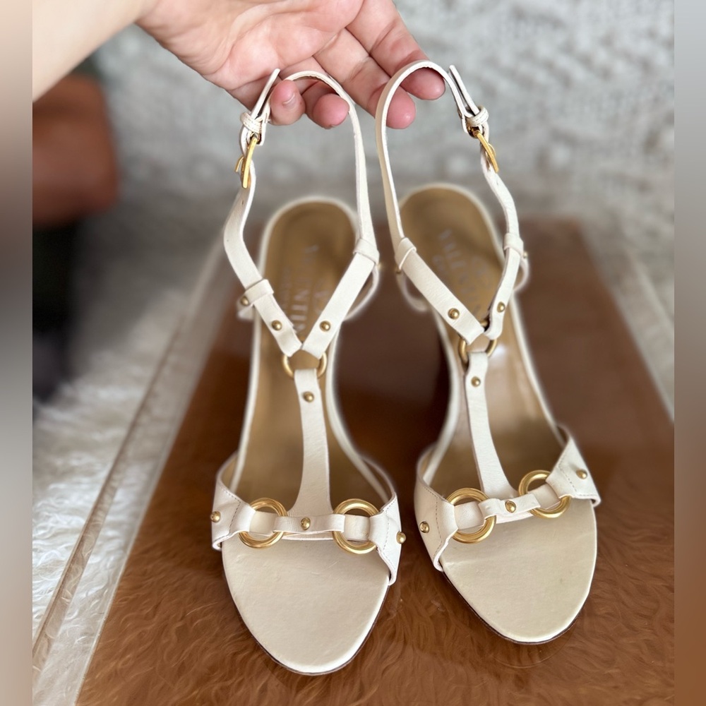 Valentino Garavani Wood Wedges Ivory Leather Sexy Sandals Sz 38 1/2